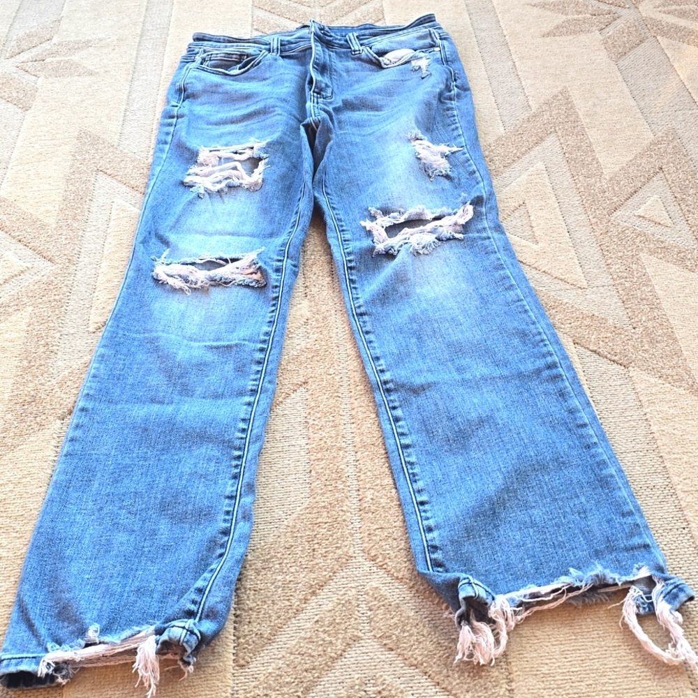Judy Blue Jeans Womens 15 32" Straight Fit Blue Relaxed Fading Destroy Thrashed